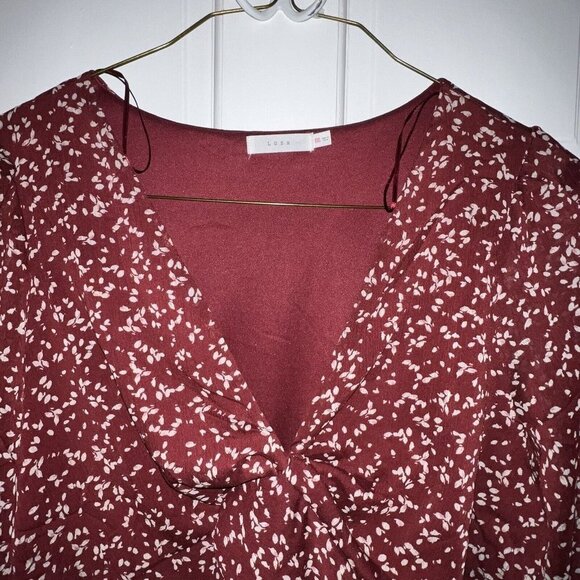 Lush Long Sleeve V-Neck Cropped Blouse - Brick Red Cream Floral Ruffled Size XXL - Picture 2 of 10